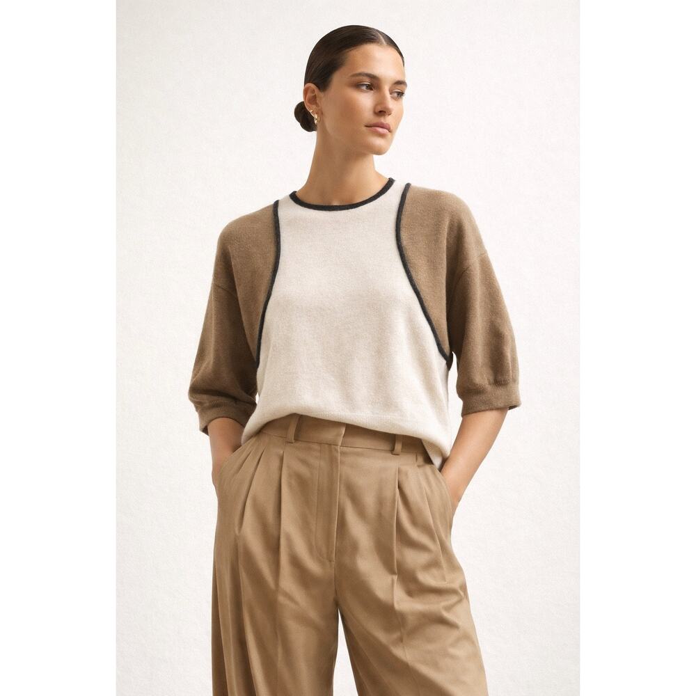 Brunello Cucinelli Cashmere Colorblock Short Sleeve Sweater Cream Jumper Medium